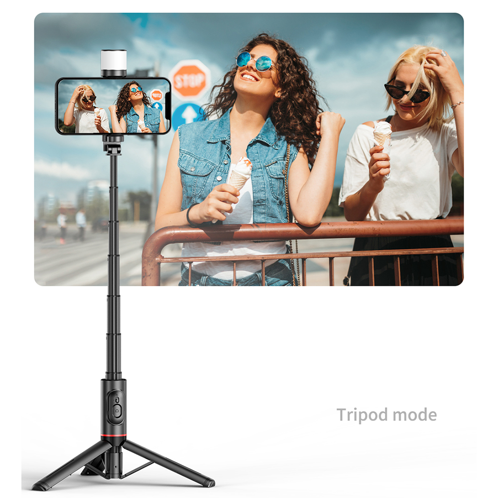 Selfie tyč Tripod Techsuit Q12S Stabilní držák na stativ s dálkovým ovládáním Bluetooth a LED světlem, 77 cm – černý
