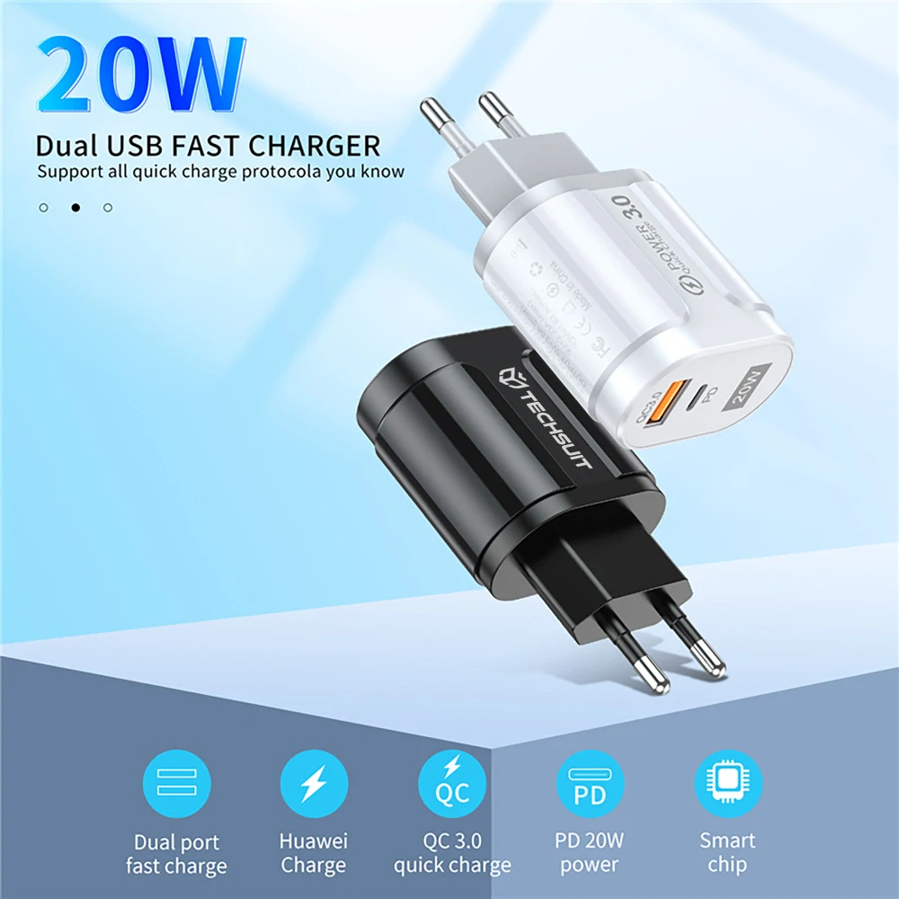 Nabíječka do sítě Techsuit Premium (CHPD038) - USB-A, QC 3.0, USB-C, 20W - bílá