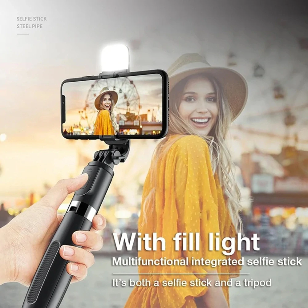 Selfie tyč Tripod Techsuit (L02s) - Stabilní stativ s dálkovým ovládáním Bluetooth a výplňovým světlem, nerezová ocel, 104 cm - černá