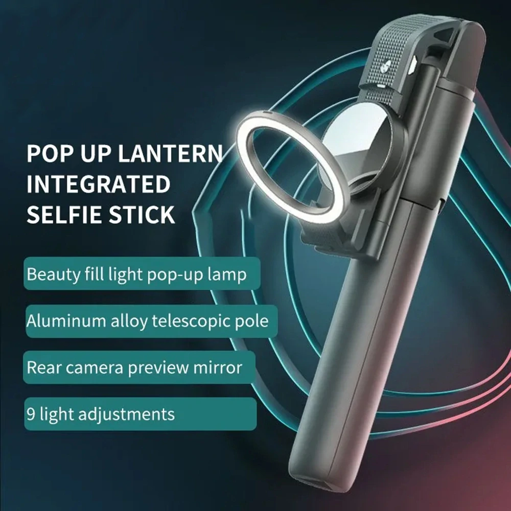 Selfie tyč Tripod Techsuit (K13) – Kompaktní držák na stativ s dálkovým ovládáním Bluetooth, LED Beauty Light, skládací, 84 cm – Černá