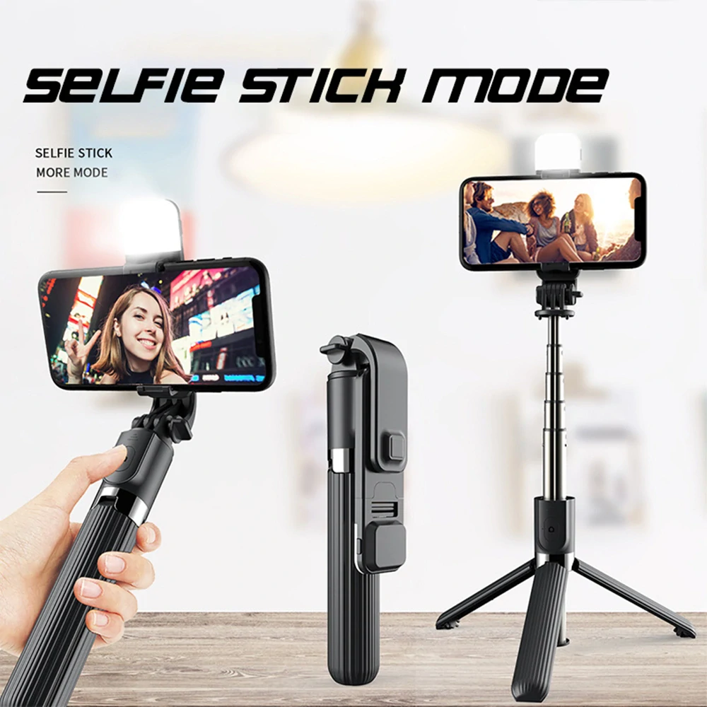 Selfie tyč Tripod Techsuit (L03S) – s dálkovým ovládáním Bluetooth, stabilní držák na stativ, LED světlo, 84 cm – černá