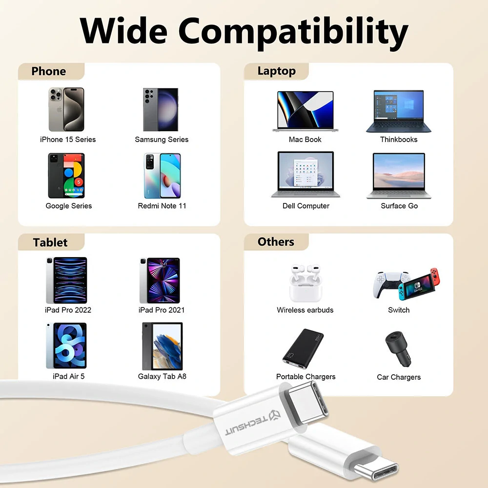 Datový kabel Techsuit Type-C na Type-C, 60W, 480Mbps, 1m - bílý