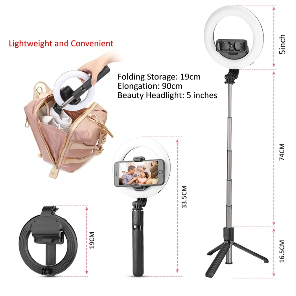 Selfie tyč Tripod Techsuit (L07) Bluetooth a osvětlením Beauty Ring, 90 cm - Černá