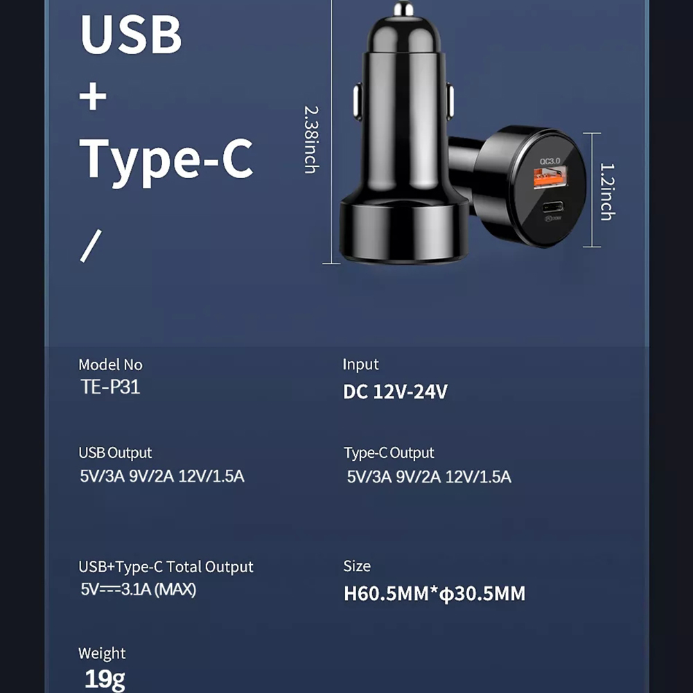 Nabíječka do auta Techsuit (CAPD028) - USB-A, QC 3.0 and USB-C, 38W - černá