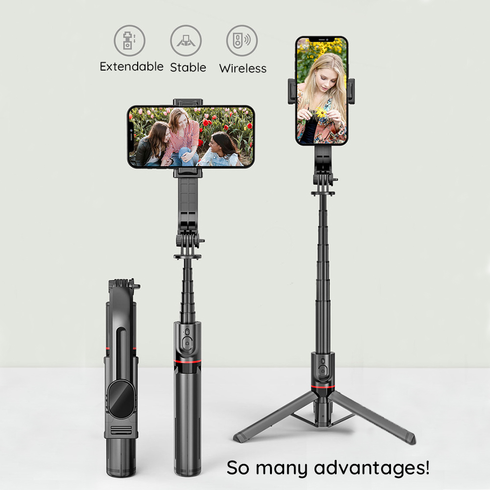 Selfie tyč Tripod Techsuit L12 Stabilní hliníkový stativ skládací a přenosný s bezdrátovým dálkovým ovládáním, 106 cm - Černý
