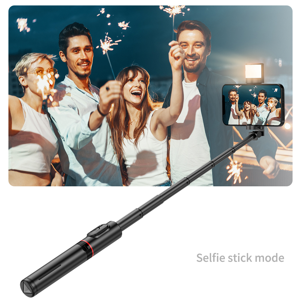 Selfie tyč Tripod Techsuit Q12S Stabilní držák na stativ s dálkovým ovládáním Bluetooth a LED světlem, 77 cm – černý