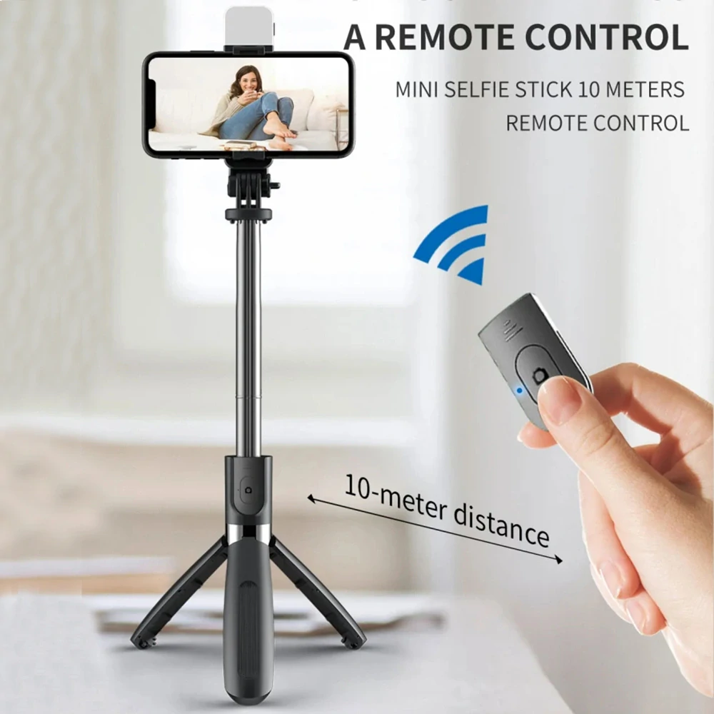 Selfie tyč Tripod Techsuit (L02s) - Stabilní stativ s dálkovým ovládáním Bluetooth a výplňovým světlem, nerezová ocel, 104 cm - černá