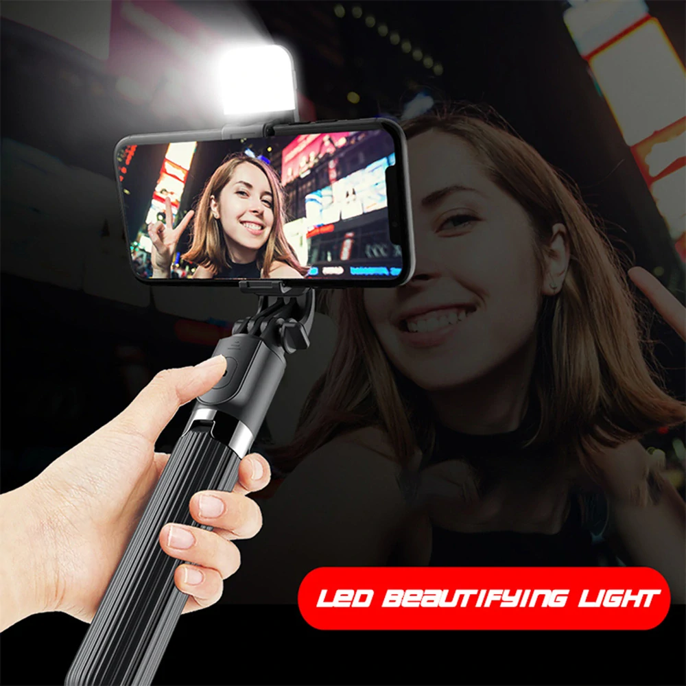 Selfie tyč Tripod Techsuit (L03S) – s dálkovým ovládáním Bluetooth, stabilní držák na stativ, LED světlo, 84 cm – černá