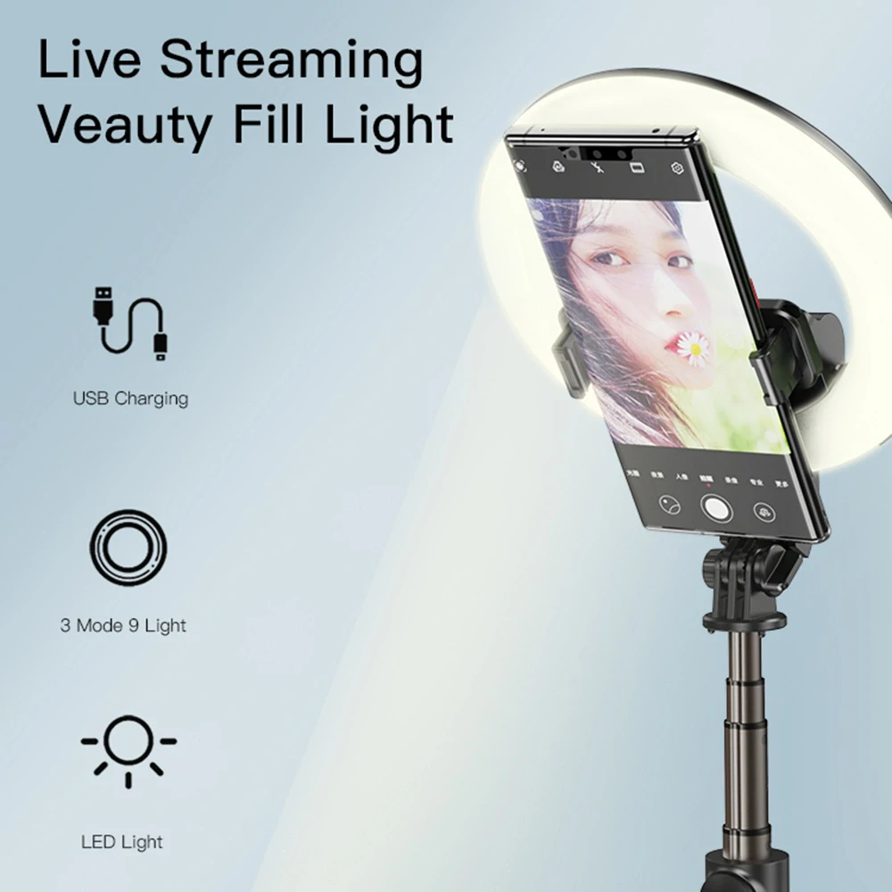 Selfie tyč Tripod Yesido (SF12) – stabilní, s kruhovým světlem, stativ, dálkový ovladač, 360° rotace, 120mAh – černá