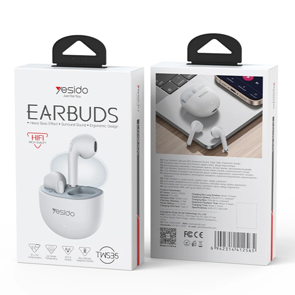 Bezdrátová sluchátka Yesido TWS35 s mikrofonem Bluetooth 5.3 bílá
