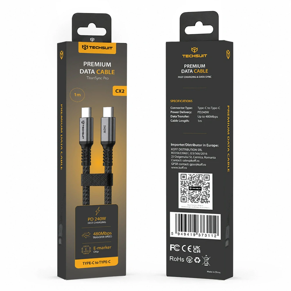 Datový kabel Techsuit TitanSync Pro (CX2) - Type-C na Type-C PD240W, 480Mbps, 1m - šedý