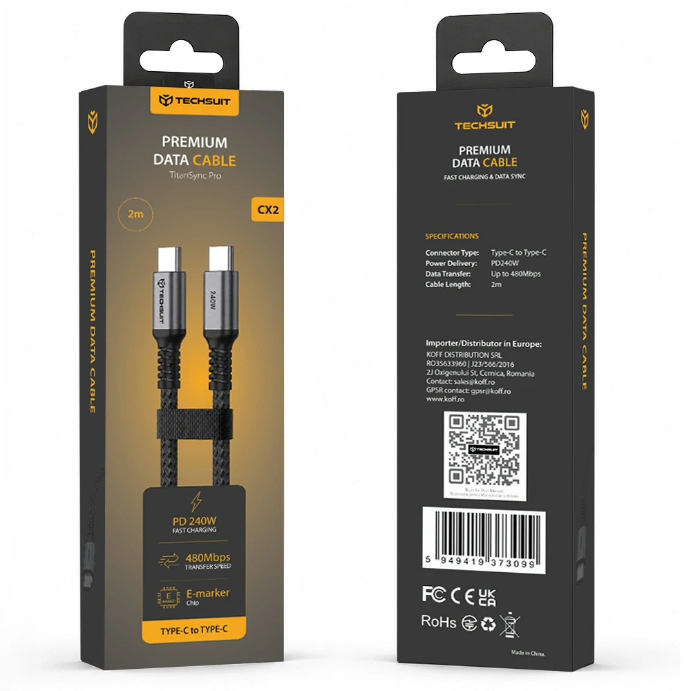 Datový kabel Techsuit TitanSync Pro (CX2) - Type-C na Type-C PD 240W, 480Mbps, 2m - Gray