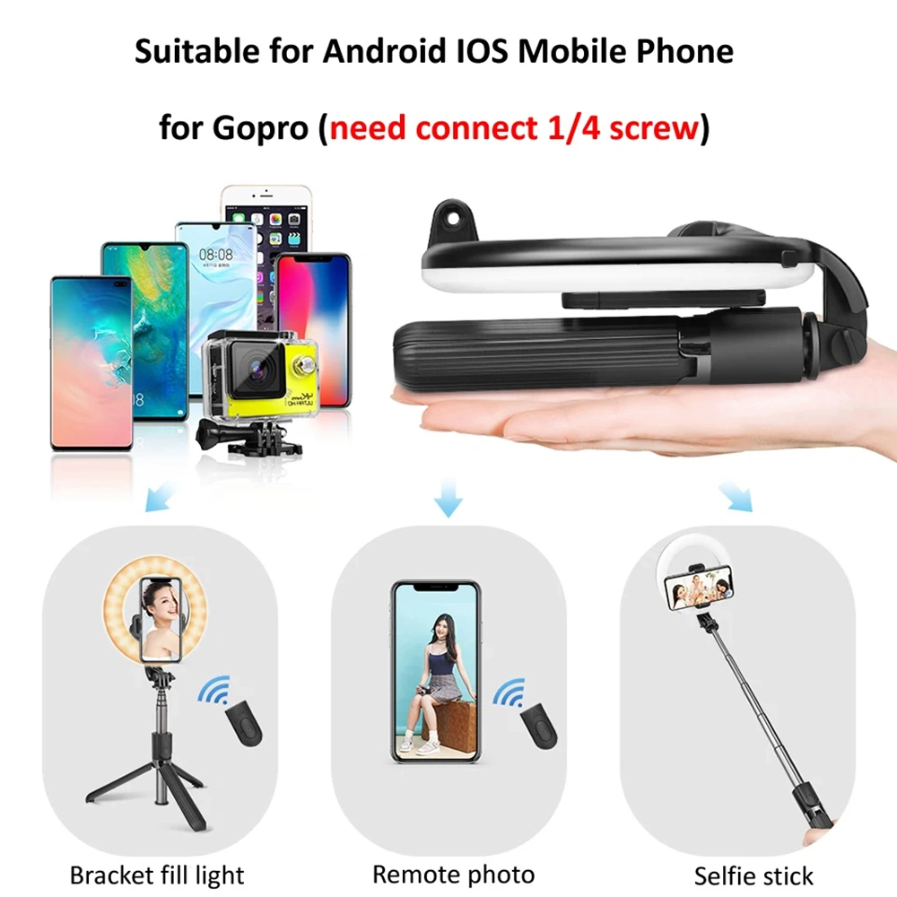 Selfie tyč Tripod Techsuit (L07) Bluetooth a osvětlením Beauty Ring, 90 cm - Černá