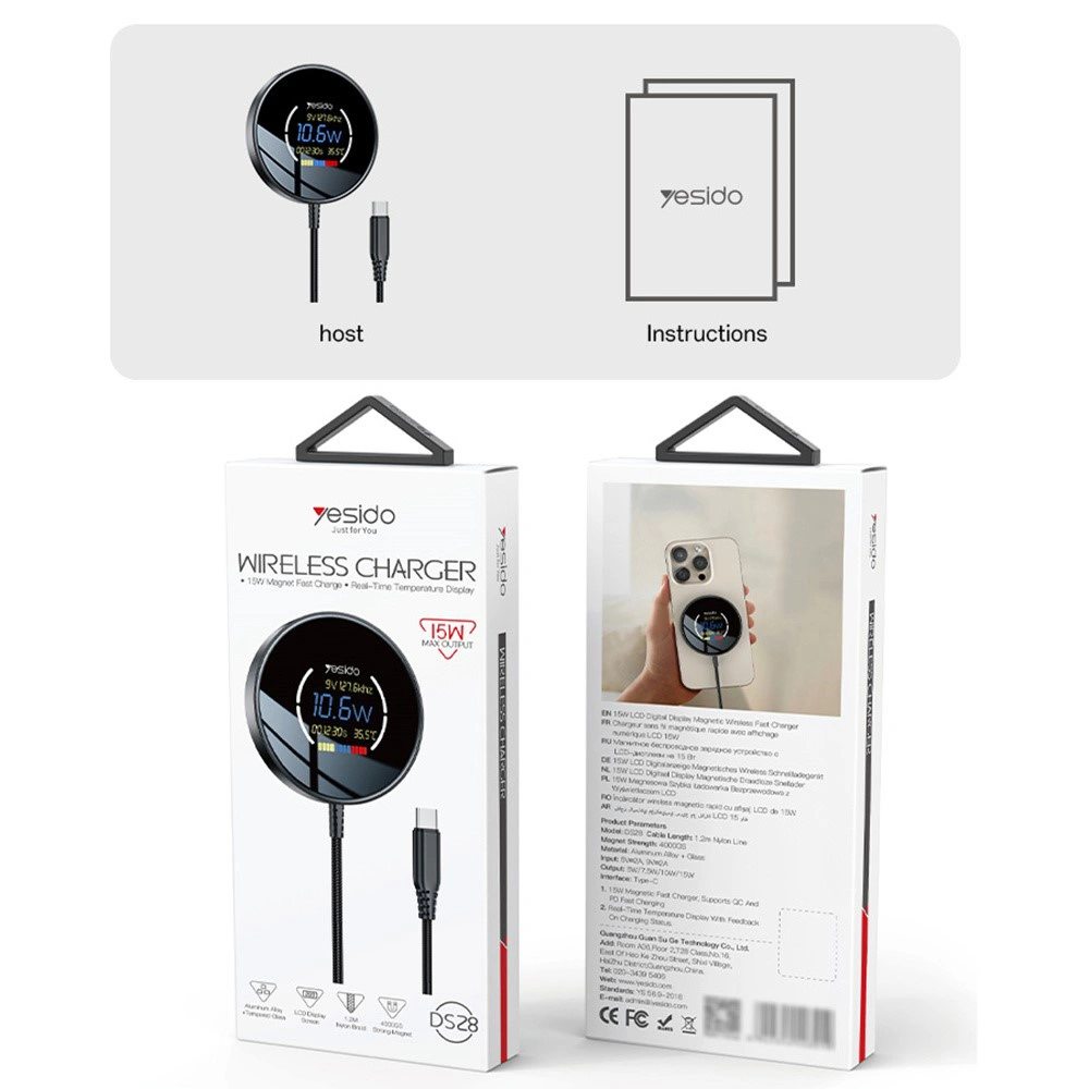Bezdrátová nabíječka Yesido (DS28) digitální displej, 15 W, kabel Type-C, 1,2 m – černá