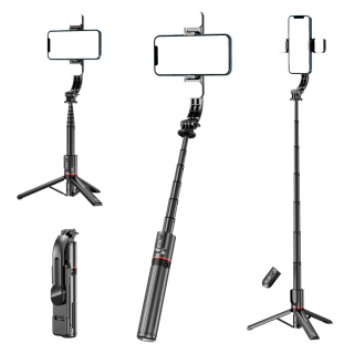 Selfie tyč Tripod Techsuit L12D Stabilní stativ s dálkovým ovládáním Bluetooth, 2x odnímatelné LED světlo, 108 cm - černý