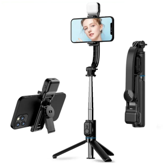 Selfie tyč Tripod Techsuit (C01s) – se skládacím stabilním stativem, dálkovým ovládáním Bluetooth, výplňovým světlem, 107 cm – černá