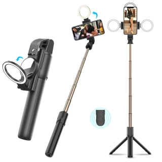 Selfie tyč Tripod Techsuit (K13) – Kompaktní držák na stativ s dálkovým ovládáním Bluetooth, LED Beauty Light, skládací, 84 cm – Černá