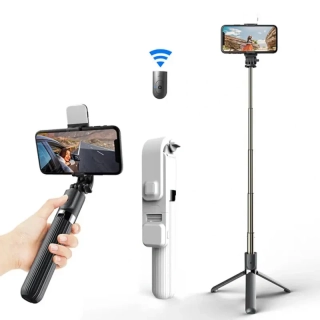 Selfie tyč Tripod Techsuit (L03S) – s dálkovým ovládáním Bluetooth, stabilní držák na stativ, LED světlo, 84 cm – bílá