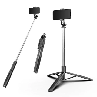 Selfie tyč Tripod Techsuit (Q05) - Stabilní stativ s dálkovým ovládáním Bluetooth, otáčení o 360, nerezová ocel, 158 cm - černá