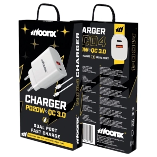 Nabíječka do sítě MOONX MC04 USB-C PD 20W + USB QC3.0 + USB-C/Lightning kabel bílá