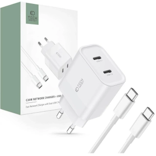 Síťová nabíječka PD 20W 2x USB-C + kabel USB-C Tech-Protect C20W bílá