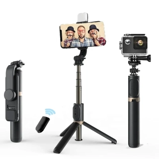 Selfie tyč Tripod Techsuit Q03s, s dálkovým ovládáním Bluetooth a výplňovým světlem, hliníková slitina, 76 cm - černá
