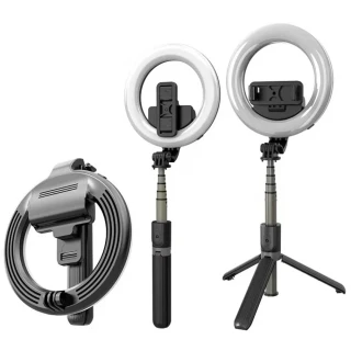 Selfie tyč Tripod Techsuit (L07) Bluetooth a osvětlením Beauty Ring, 90 cm - Černá