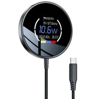 Bezdrátová nabíječka Yesido (DS28) digitální displej, 15 W, kabel Type-C, 1,2 m – černá